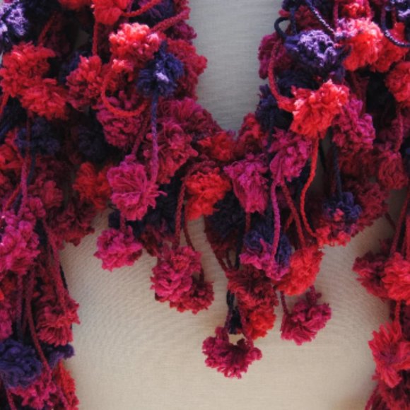 Crochet Pink and Purple PomPom Loop Scarf/New - Picture 2 of 4